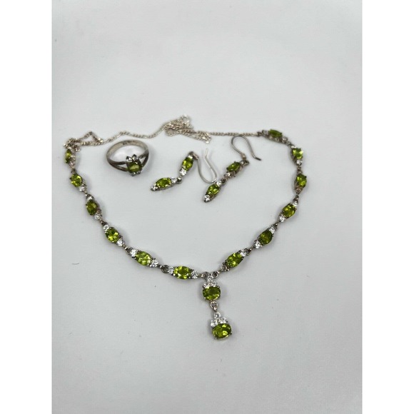 Natural Peridot Gemstone 925 sterling silver Handmade necklace Set Earning Ring - Picture 4 of 10